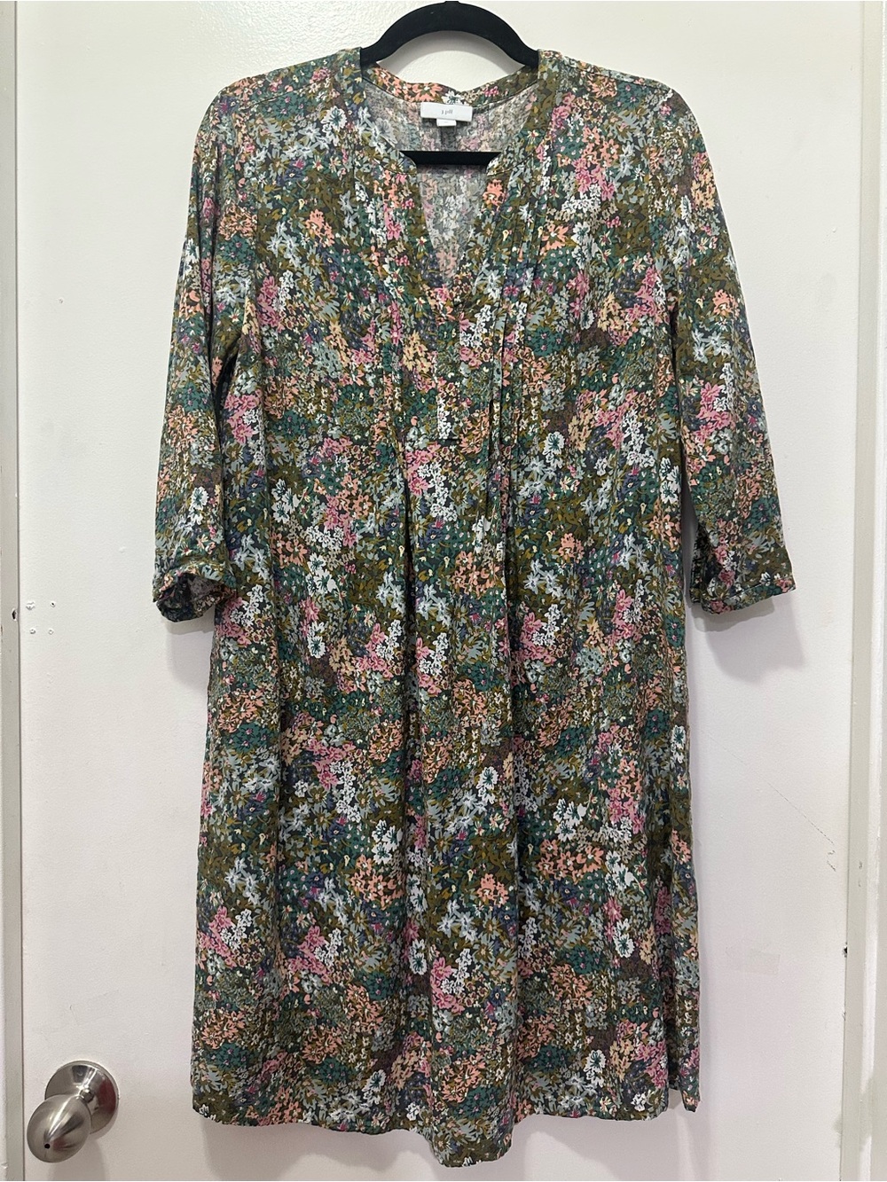 J.Jill Floral V-Neck Midi Dress in Olive Green Sz XS